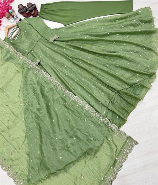 Shop Designer Soft Gold Crush Silk Embroidered Gown Set with Dupatta and Bottom - Image 7