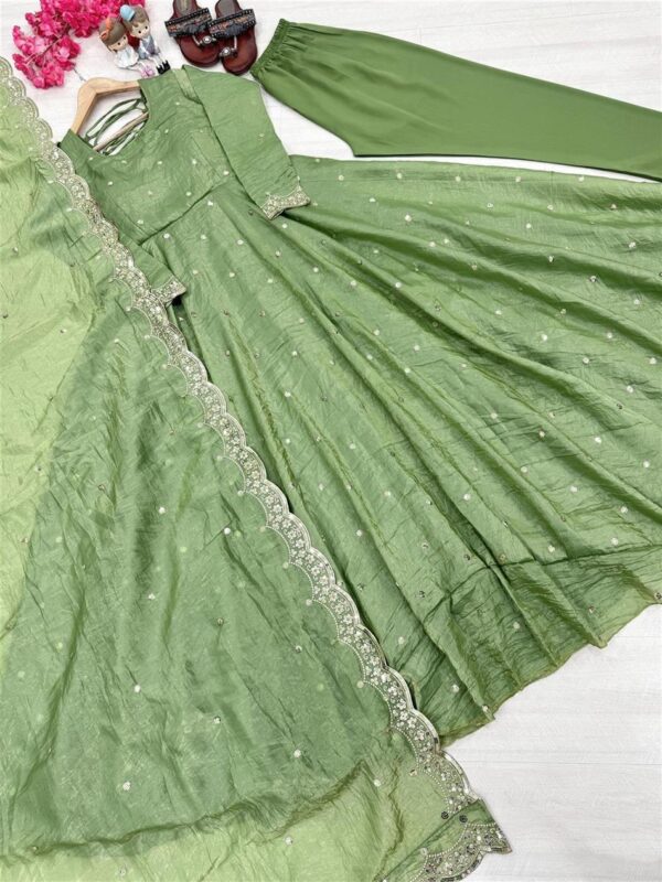 Shop Designer Soft Gold Crush Silk Embroidered Gown Set with Dupatta and Bottom - Image 5