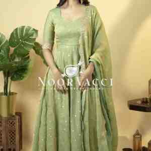 Designer Soft Gold Crush Silk Embroidered Gown Set with Dupatta and Bottom