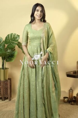 Shop Designer Soft Gold Crush Silk Embroidered Gown Set with Dupatta and Bottom