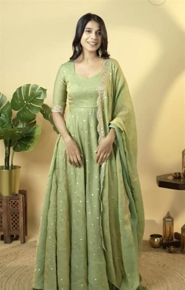 Shop Designer Soft Gold Crush Silk Embroidered Gown Set with Dupatta and Bottom