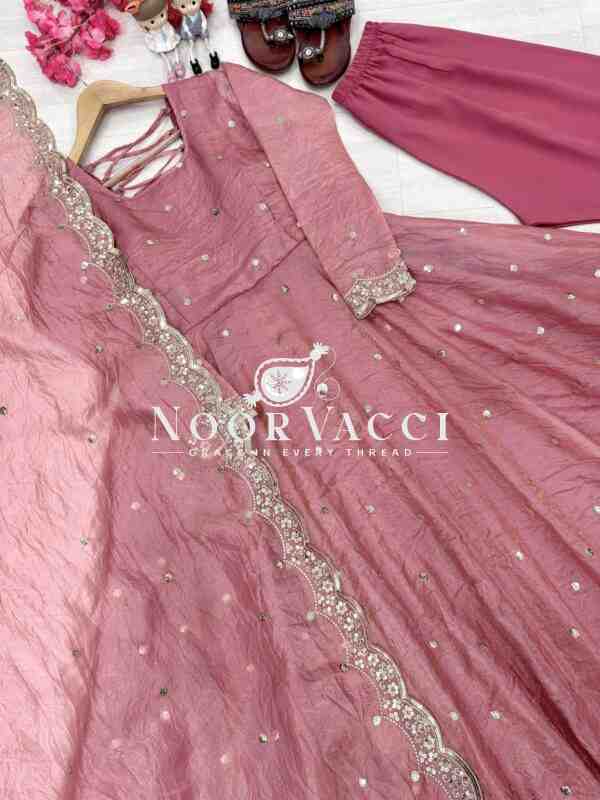 Designer Soft Gold Crush Silk Embroidered Gown Set with Dupatta and Bottom - Image 3