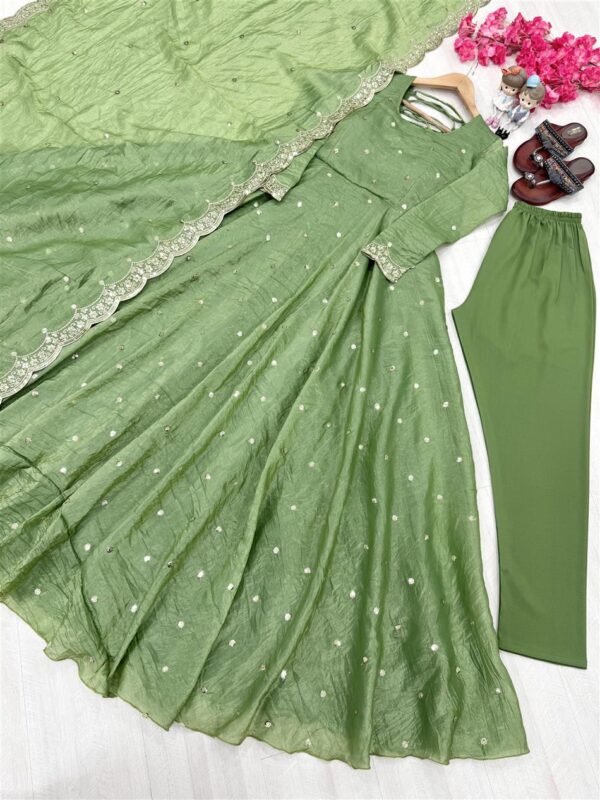Shop Designer Soft Gold Crush Silk Embroidered Gown Set with Dupatta and Bottom - Image 4