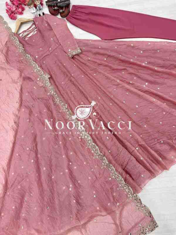 Designer Soft Gold Crush Silk Embroidered Gown Set with Dupatta and Bottom - Image 2