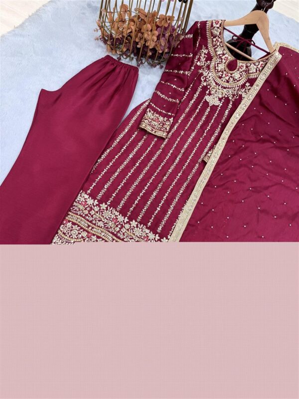 Buy Designer Chinon Silk Embroidered Top Plazzo Set with Rivet Moti Dupatta - Image 6