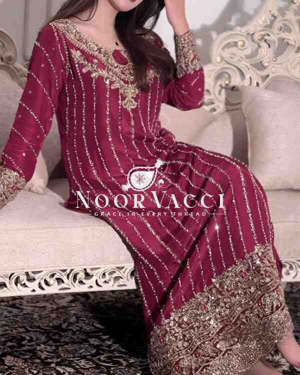 Designer Chinon Silk Embroidered Top Plazzo Set with Rivet Moti Dupatta