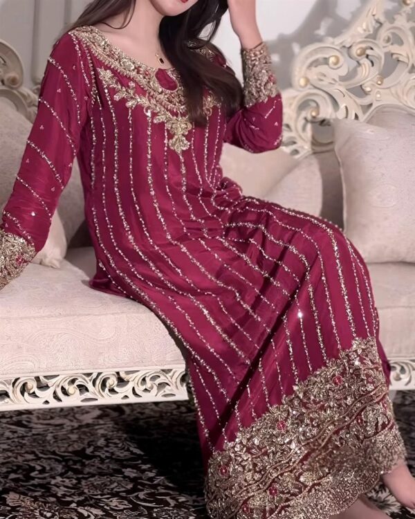 Buy Designer Chinon Silk Embroidered Top Plazzo Set with Rivet Moti Dupatta