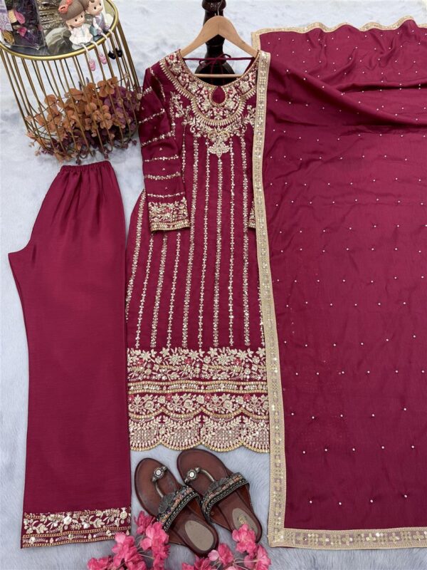 Buy Designer Chinon Silk Embroidered Top Plazzo Set with Rivet Moti Dupatta - Image 4