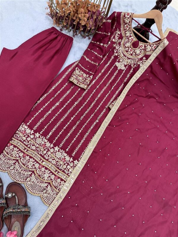 Buy Designer Chinon Silk Embroidered Top Plazzo Set with Rivet Moti Dupatta - Image 5