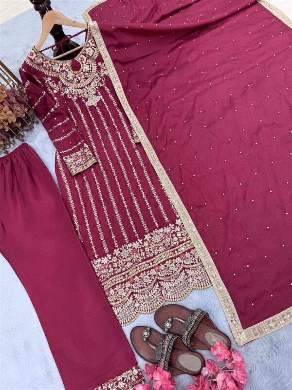 Buy Designer Chinon Silk Embroidered Top Plazzo Set with Rivet Moti Dupatta - Image 3