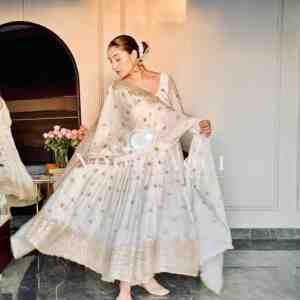 Chinon Silk Heavy Embroidered Gown Pant Set with Dupatta Fully Stitched