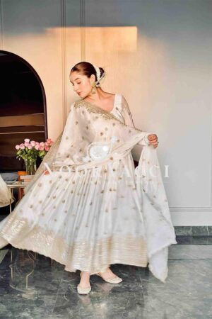 Buy Chinon Silk Heavy Embroidered Gown Pant Set with Dupatta Fully Stitched