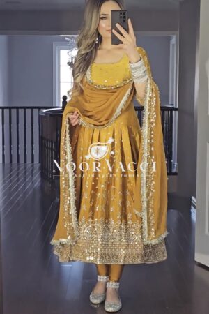 Buy Dual Tone Chinon Silk Anarkali Gown Set with Embroidered Dupatta & Bottom