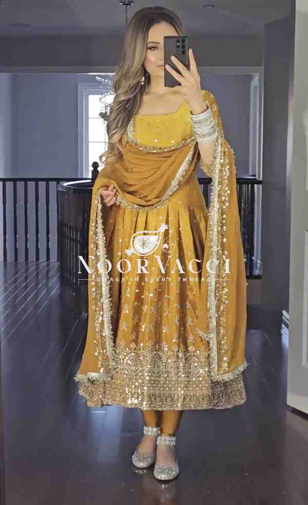 Dual Tone Chinon Silk Anarkali Gown Set with Embroidered Dupatta & Bottom