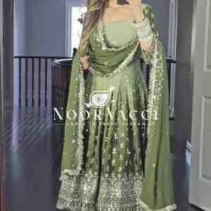 Dual Tone Chinon Silk Anarkali Gown Set with Embroidered Dupatta & Bottom