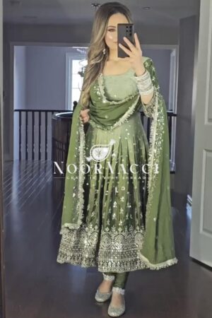 Buy Dual Tone Chinon Silk Anarkali Gown Set with Embroidered Dupatta & Bottom