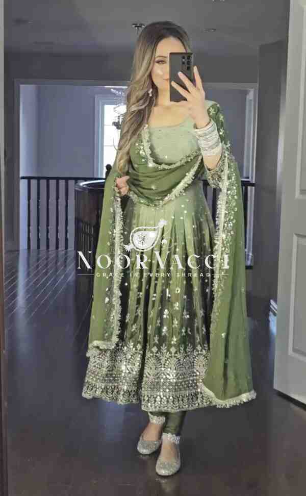 Dual Tone Chinon Silk Anarkali Gown Set with Embroidered Dupatta & Bottom