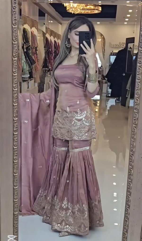 Shop Chinon Silk Embroidered Party Wear Top-Plazzo Set with Dupatta - Image 2