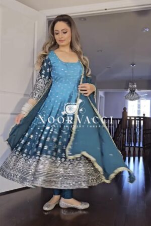 Buy Dual Tone Chinon Silk Anarkali Gown Set with Embroidered Dupatta & Bottom