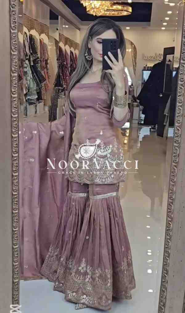 Chinon Silk Embroidered Party Wear Top-Plazzo Set with Dupatta - Image 3
