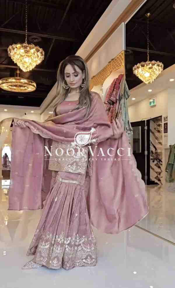 Chinon Silk Embroidered Party Wear Top-Plazzo Set with Dupatta