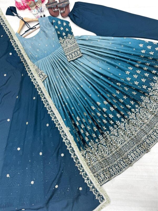 Buy Dual Tone Chinon Silk Anarkali Gown Set with Embroidered Dupatta & Bottom - Image 5