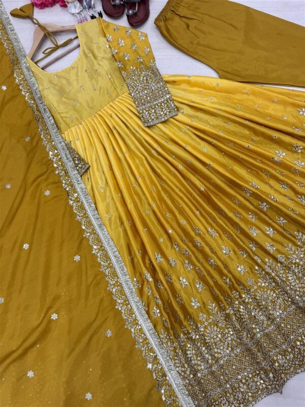 Buy Dual Tone Chinon Silk Anarkali Gown Set with Embroidered Dupatta & Bottom - Image 5