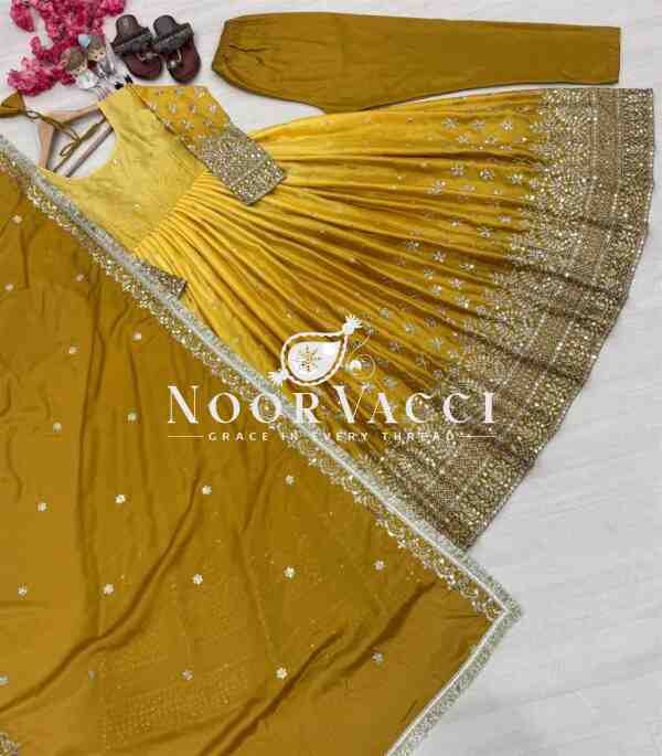Dual Tone Chinon Silk Anarkali Gown Set with Embroidered Dupatta & Bottom - Image 3
