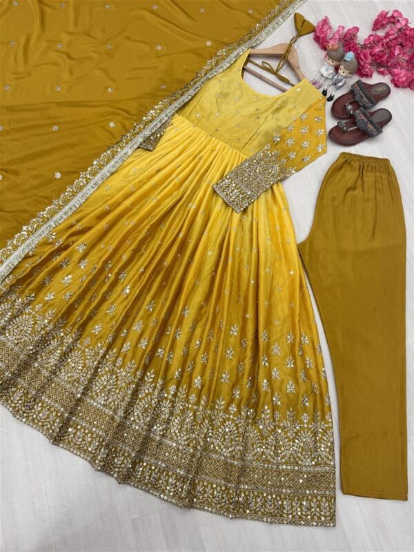 Buy Dual Tone Chinon Silk Anarkali Gown Set with Embroidered Dupatta & Bottom - Image 4