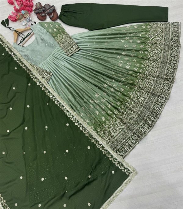 Buy Dual Tone Chinon Silk Anarkali Gown Set with Embroidered Dupatta & Bottom - Image 5