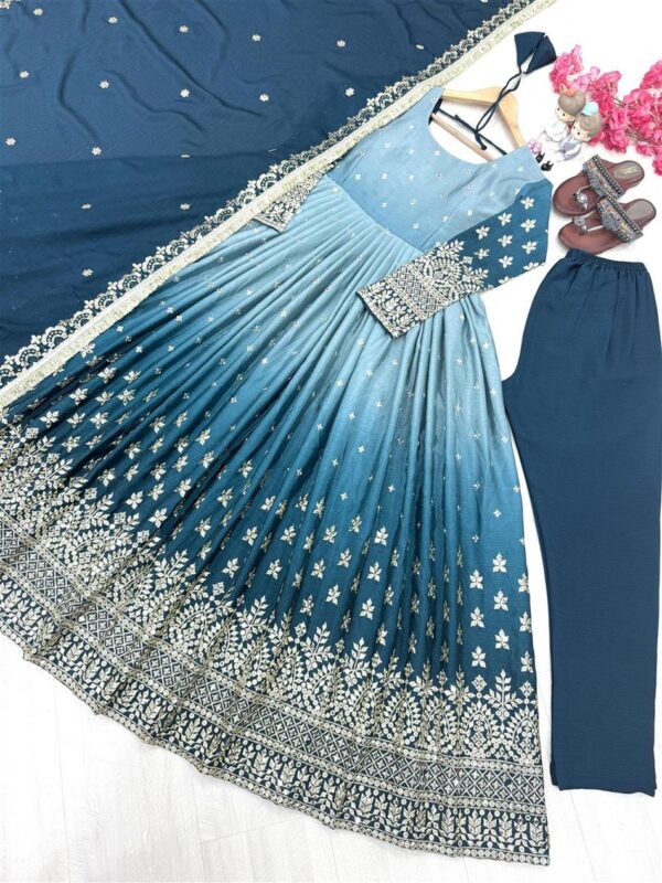 Buy Dual Tone Chinon Silk Anarkali Gown Set with Embroidered Dupatta & Bottom - Image 4