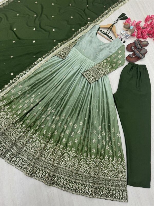 Buy Dual Tone Chinon Silk Anarkali Gown Set with Embroidered Dupatta & Bottom - Image 3
