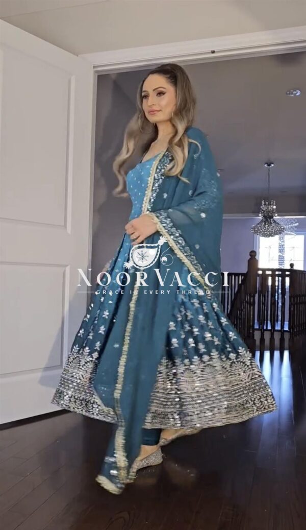 Buy Dual Tone Chinon Silk Anarkali Gown Set with Embroidered Dupatta & Bottom - Image 6