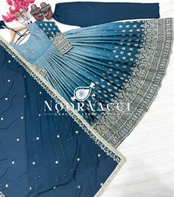 Buy Dual Tone Chinon Silk Anarkali Gown Set with Embroidered Dupatta & Bottom - Image 3