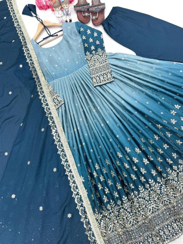 Buy Dual Tone Chinon Silk Anarkali Gown Set with Embroidered Dupatta & Bottom - Image 2