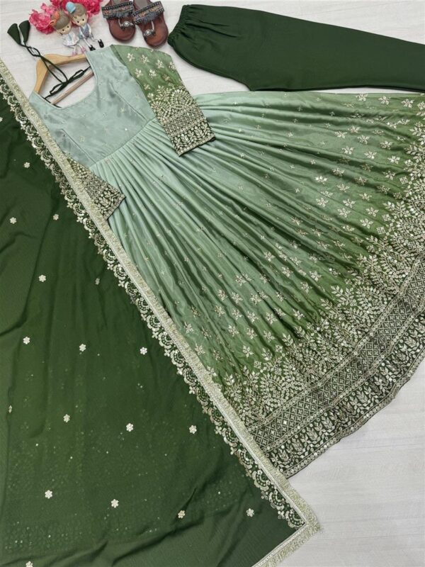 Buy Dual Tone Chinon Silk Anarkali Gown Set with Embroidered Dupatta & Bottom - Image 2