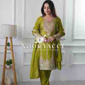 Cinon Silk Embroidered Top Pent Set with Dupatta Fully Stitched