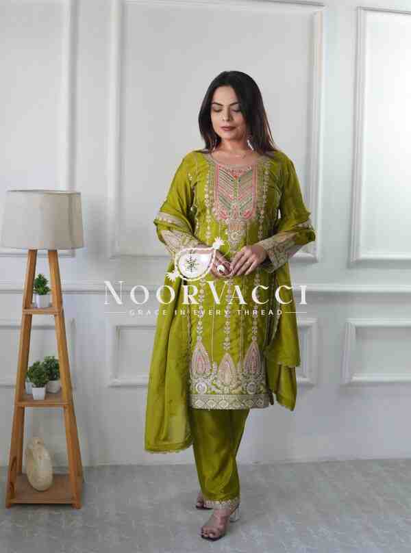 Cinon Silk Embroidered Top Pent Set with Dupatta Fully Stitched