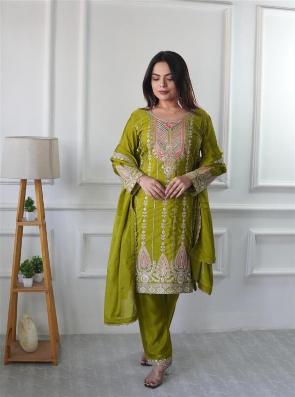 Shop Cinon Silk Embroidered Top Pent Set with Dupatta Fully Stitched