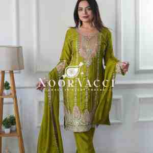 Cinon Silk Embroidered Top with Pant and Dupatta – Fully Stitched