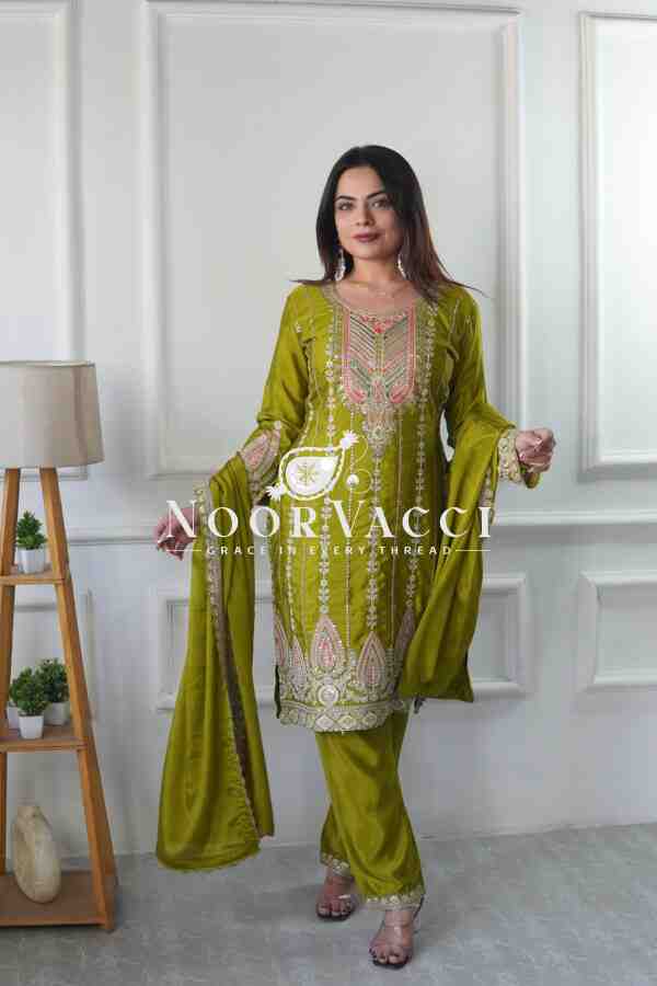 Cinon Silk Embroidered Top with Pant and Dupatta – Fully Stitched