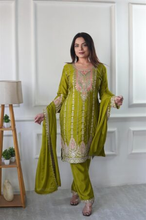 Buy Cinon Silk Embroidered Top with Pant and Dupatta – Fully Stitched