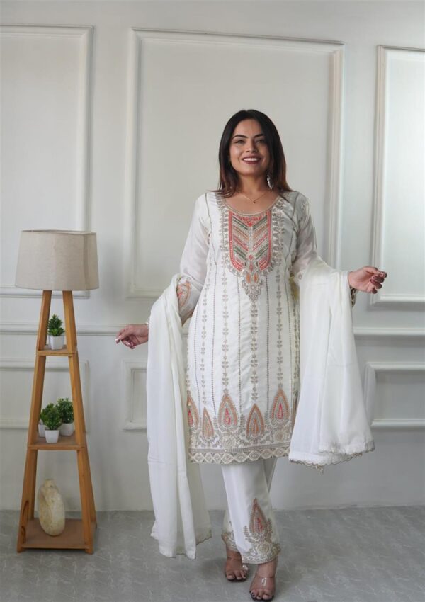 Buy Cinon Silk Embroidered Top with Pant and Dupatta – Fully Stitched - Image 2