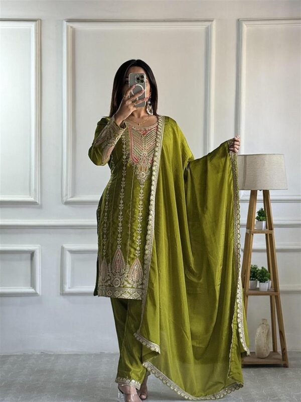 Buy Cinon Silk Embroidered Top with Pant and Dupatta – Fully Stitched - Image 2
