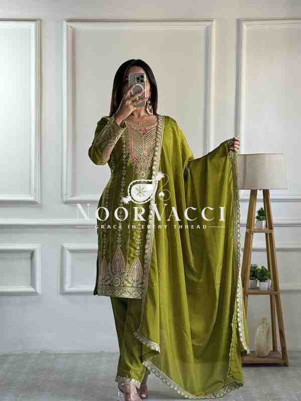 Cinon Silk Embroidered Top Pent Set with Dupatta Fully Stitched - Image 2