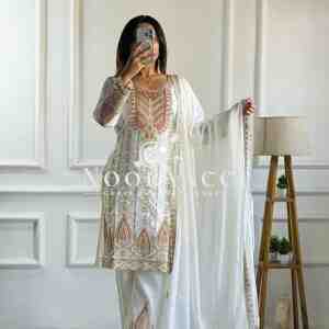 Cinon Silk Embroidered Top with Pant and Dupatta – Fully Stitched