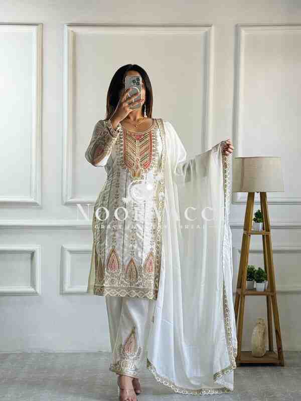 Cinon Silk Embroidered Top with Pant and Dupatta – Fully Stitched