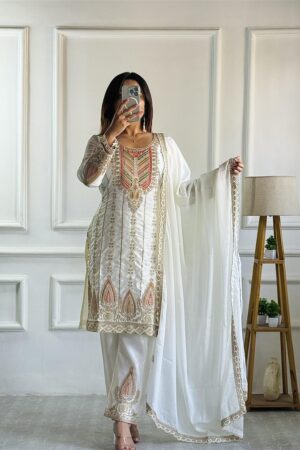 Buy Cinon Silk Embroidered Top with Pant and Dupatta – Fully Stitched