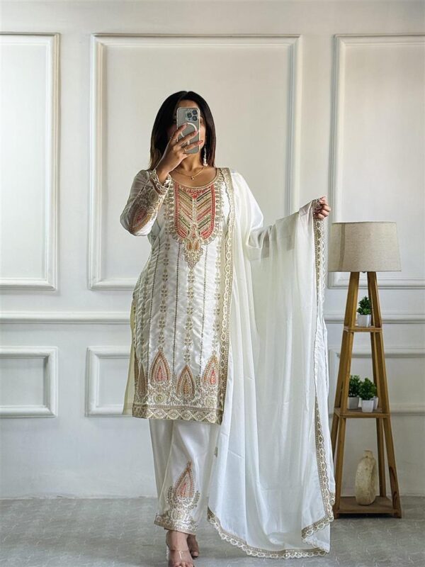 Buy Cinon Silk Embroidered Top with Pant and Dupatta – Fully Stitched