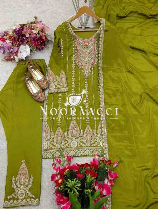 Cinon Silk Embroidered Top Pent Set with Dupatta Fully Stitched - Image 5